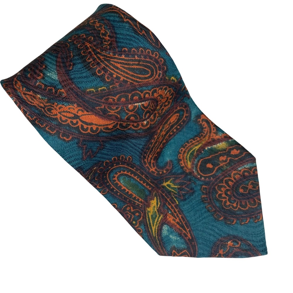 VTG Italo Piccolo Tie Mens Paisley Silk Teal Orange Brownstone Ltd Artsy 58x4